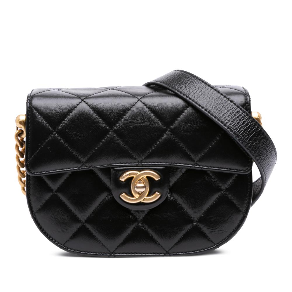 Chanel AB Chanel Black Calf Leather CC Quilted skin Round Moon Messenger Flap Italy