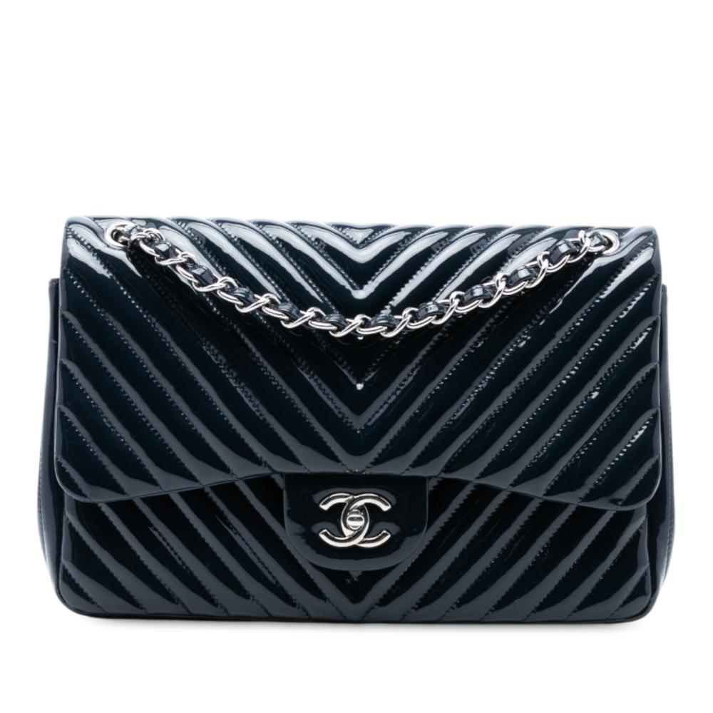 Chanel AB Chanel Blue Navy Patent Leather Leather Jumbo Classic Chevron Patent Double Flap Italy