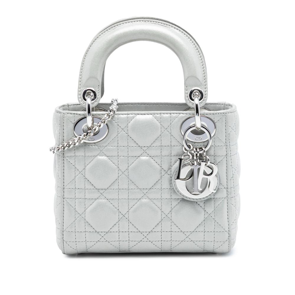 Christian Dior B Dior Silver Lambskin Leather Leather Mini Iridescent Lambskin Cannage Lady Dior Italy