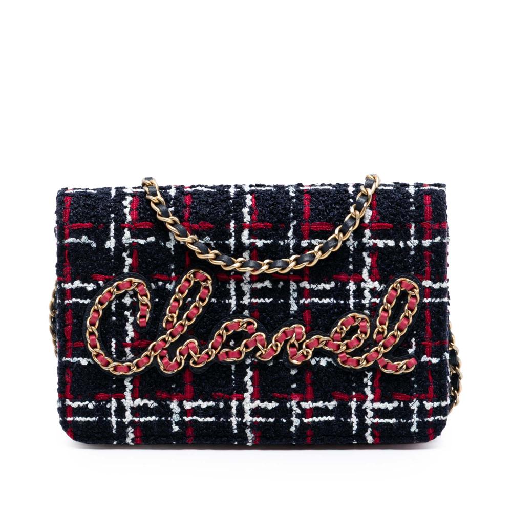 Chanel AB Chanel Blue Navy Tweed Fabric Written in Chain Logo Wallet on Chain Italy