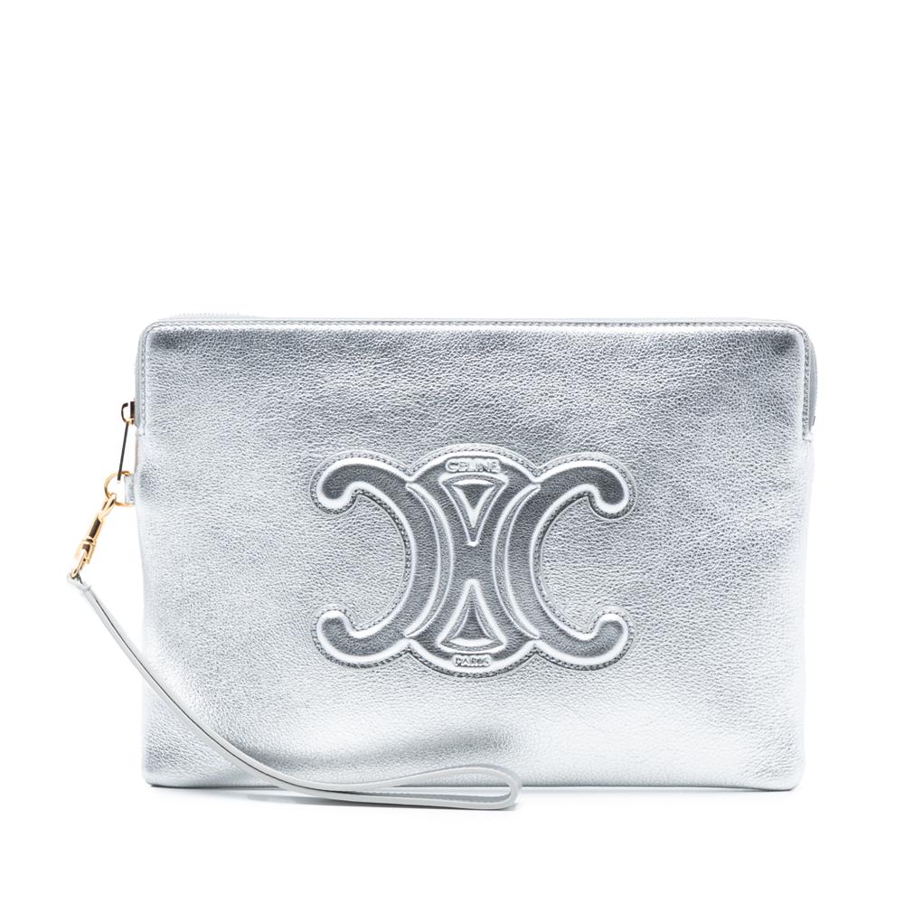 Celine AB Celine Silver Calf Leather Metallic skin Cuir Triomphe Zip Pouch Italy