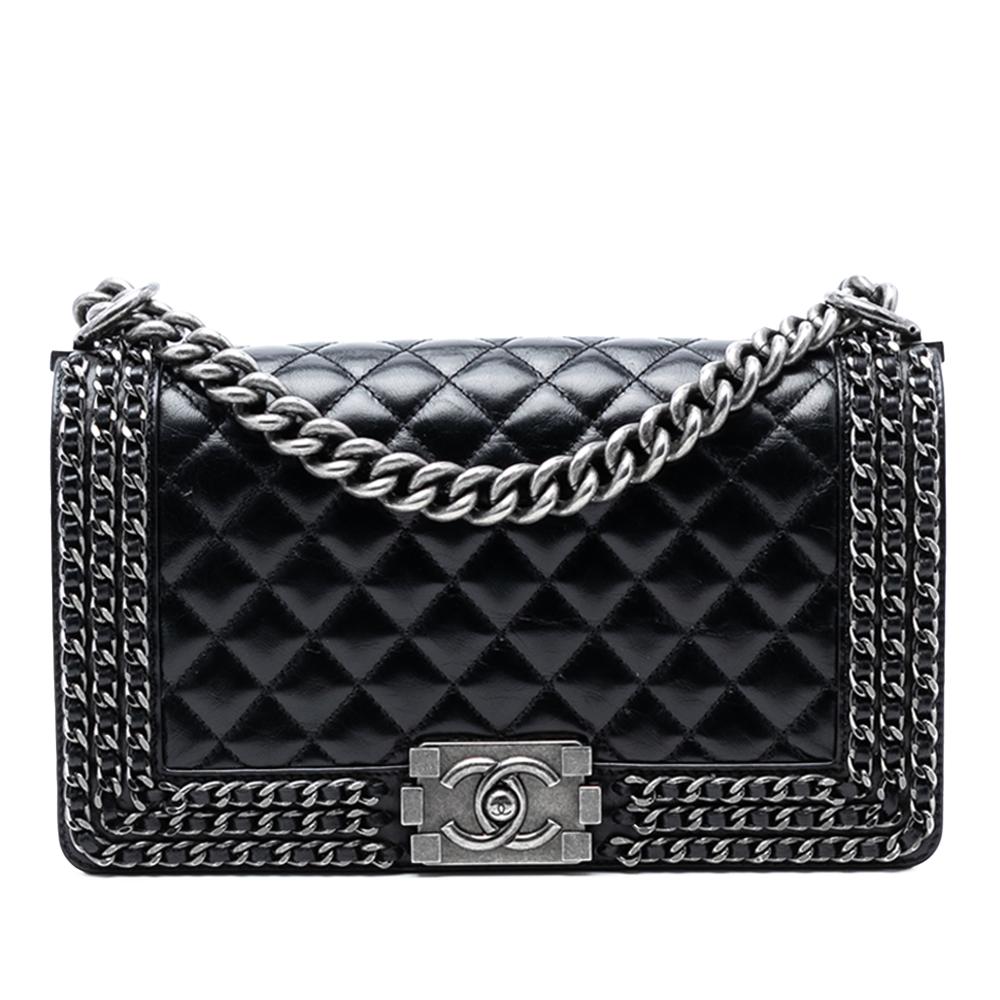 Chanel B Chanel Black Calf Leather Old Medium Quilted Glazed skin Chain Around Boy Flap Italy