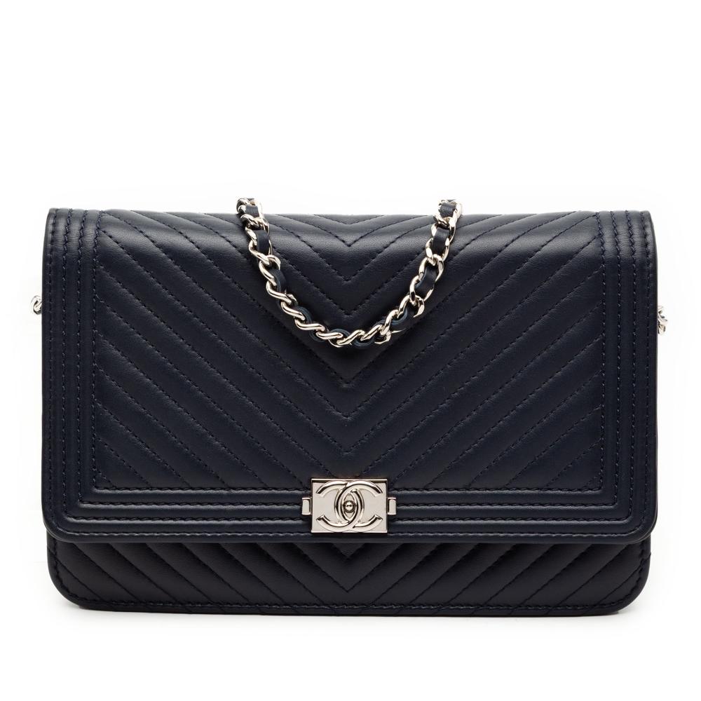 Chanel AB Chanel Blue Navy Lambskin Leather Leather Chevron Lambskin Boy Wallet on Chain Italy