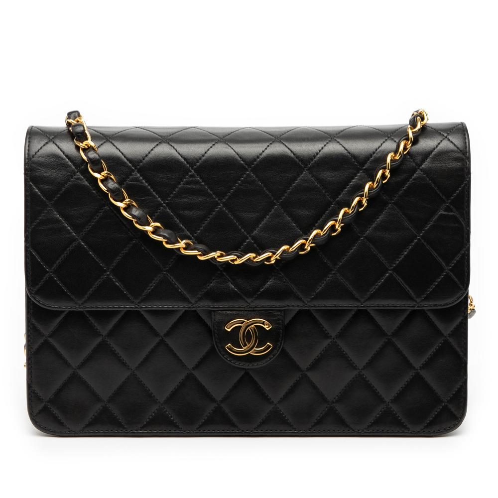 Chanel B Chanel Black Lambskin Leather Leather Medium CC Quilted Lambskin Single Flap France