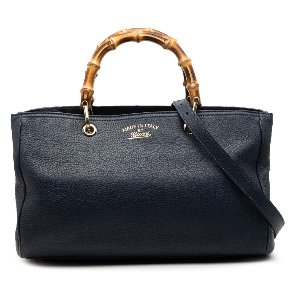 Gucci AB Gucci Blue Navy Calf Leather Medium skin Bamboo Shopper Satchel Italy