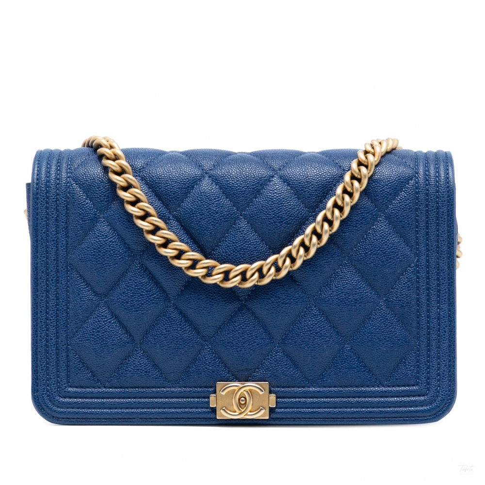 Chanel Boy Caviar Leather Quilted Wallet on Chain Crossbody Blue
