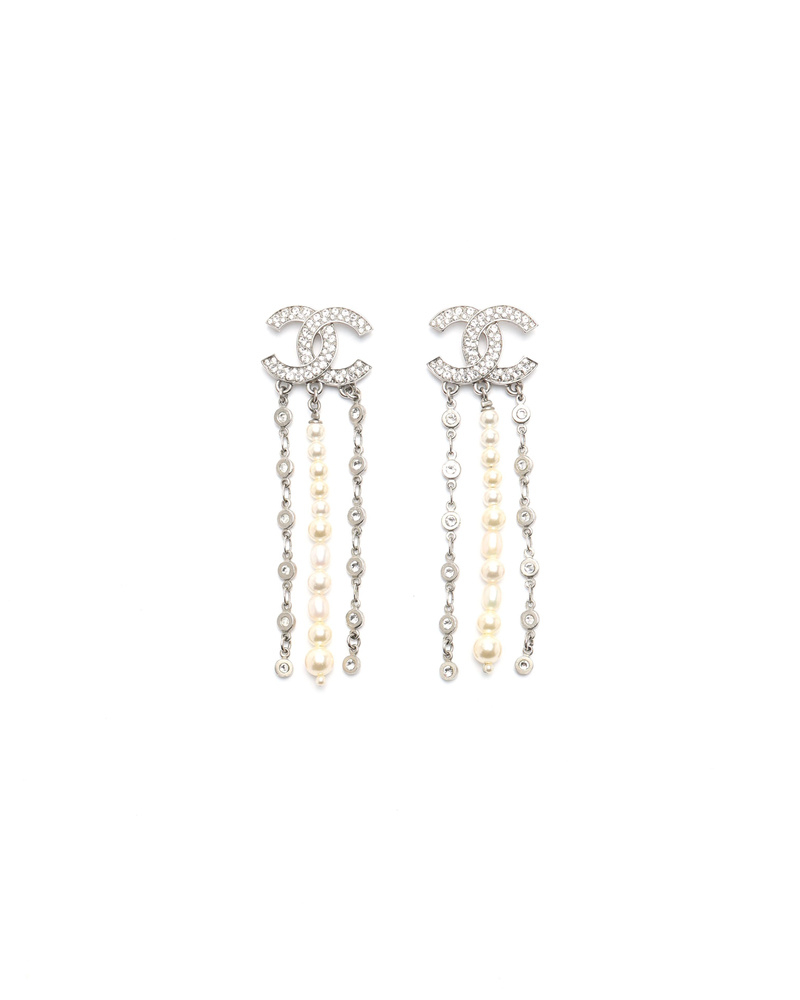Chanel Coco Mark Dangling Rhinestone and Pearl Earrings