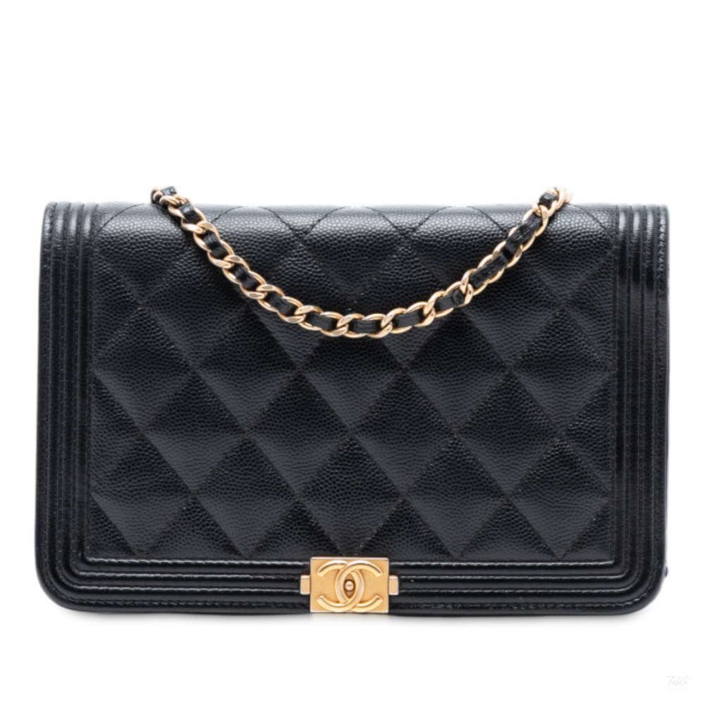 Chanel Boy Caviar Leather Quilted Wallet on Chain Crossbody Black