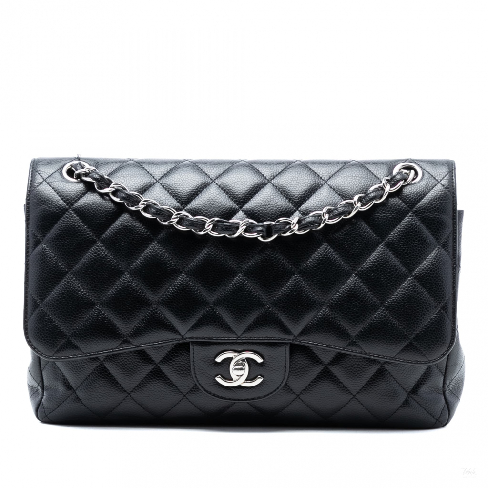 Chanel Classic Double Flap Jumbo Matelassè Caviar Leather Flap Handbag Black