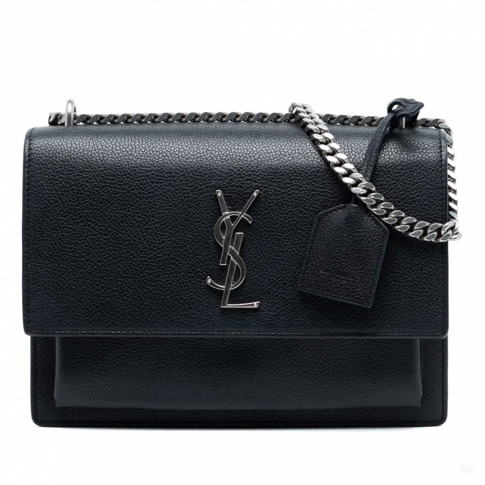 Saint Laurent Sunset Grained Calfskin Leather Flap Crossbody Black