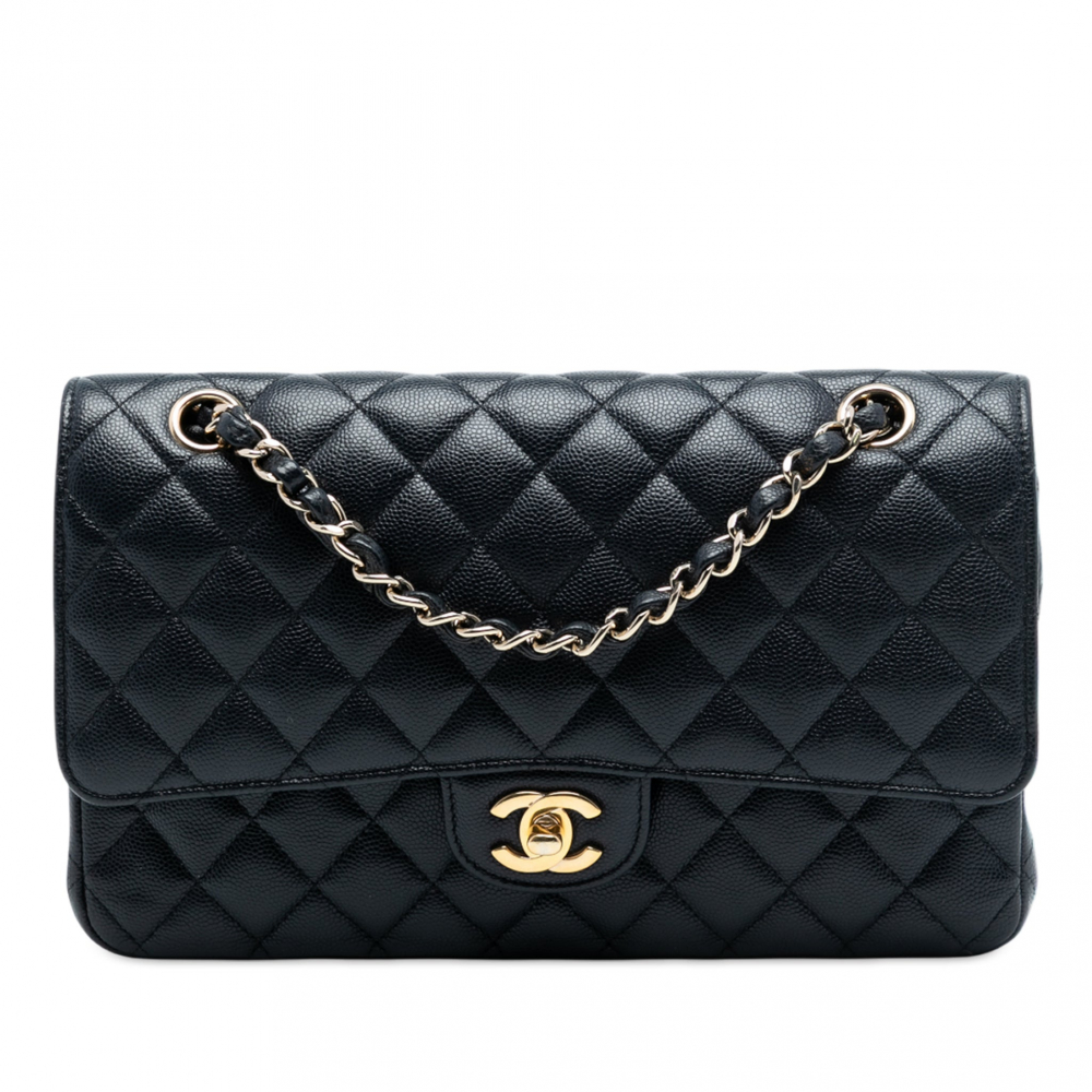 Chanel Classic Double Flap Medium Caviar Leather Matelassè Shoulder Bag Blue