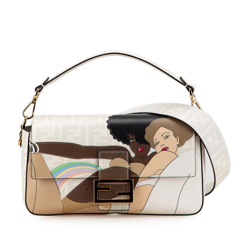 Fendi B Fendi White Coated Canvas Fabric Zucca Graphic Print Bikini Girls Baguette Satchel Italy
