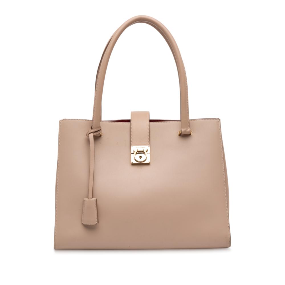 Ferragamo B Ferragamo Brown Nude Calf Leather Gancini Marlene Tote Italy