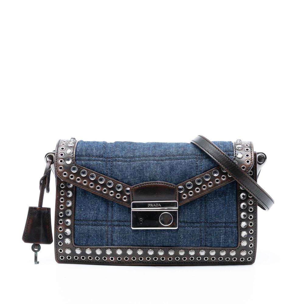 Prada AB Prada Blue Denim Denim Fabric Studded Sound Lock Crossbody Italy