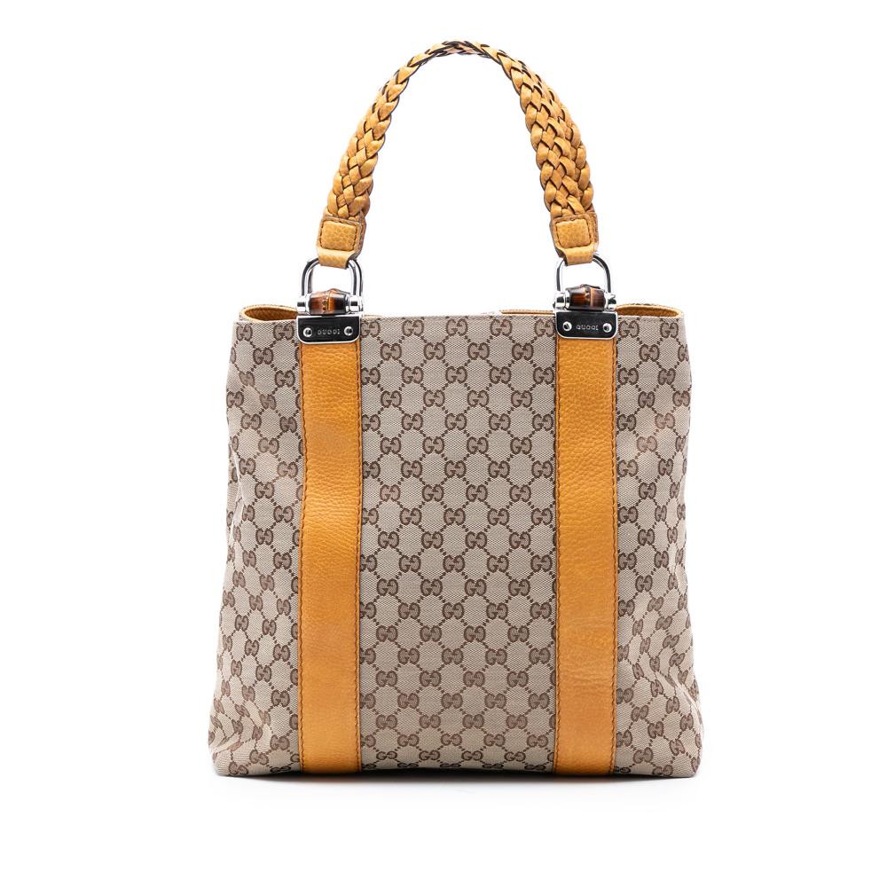 Gucci AB Gucci Brown Beige with Yellow Canvas Fabric Large GG Bamboo Libeccio Tote Italy