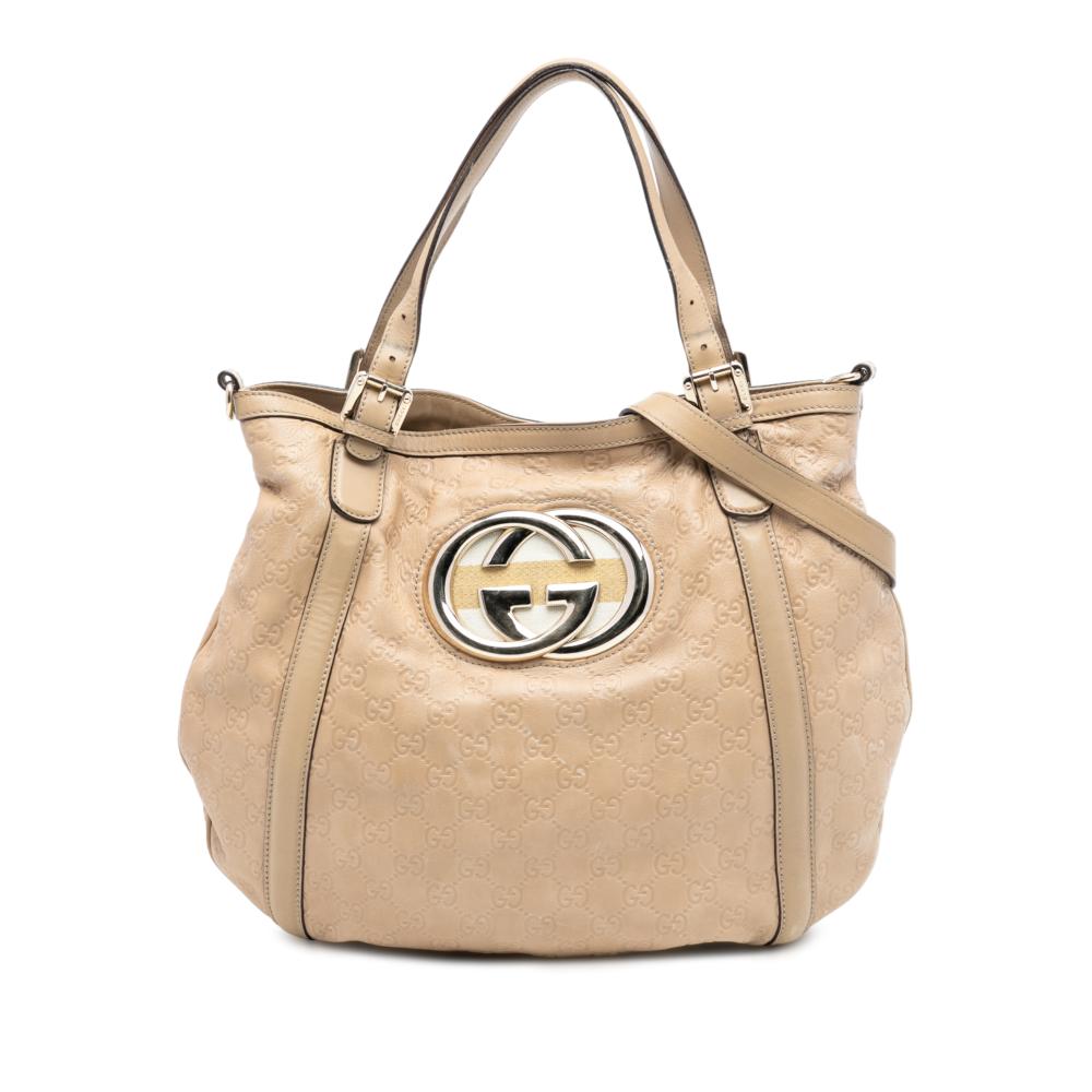 Gucci B Gucci Brown Beige Calf Leather Medium Guccissima Web Britt Satchel Italy