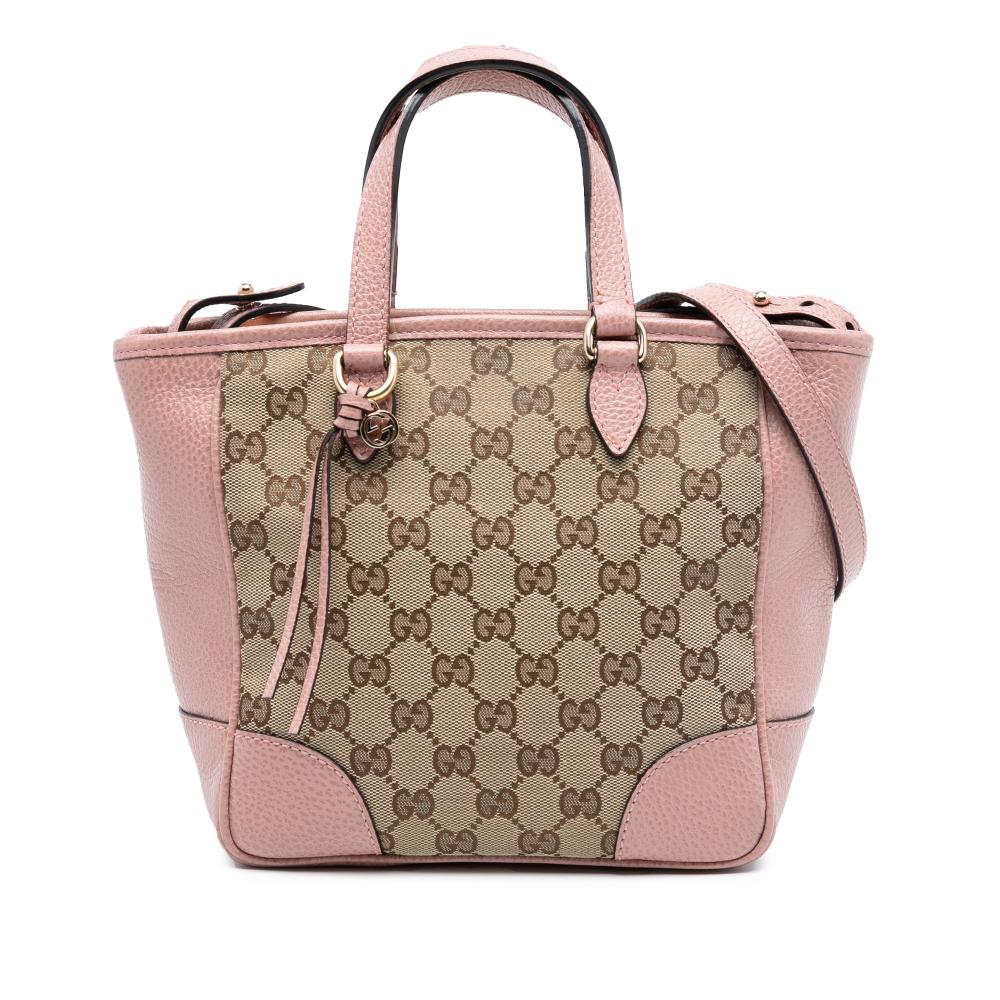 Gucci B Gucci Brown Beige with Pink Canvas Fabric Small GG Bree Satchel Italy