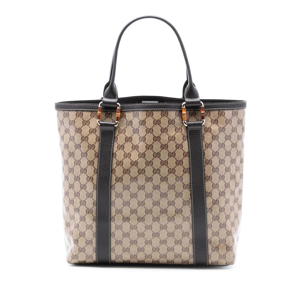 Gucci B Gucci Brown Beige Coated Canvas Fabric GG Crystal Bamboo Shopper Tote Italy