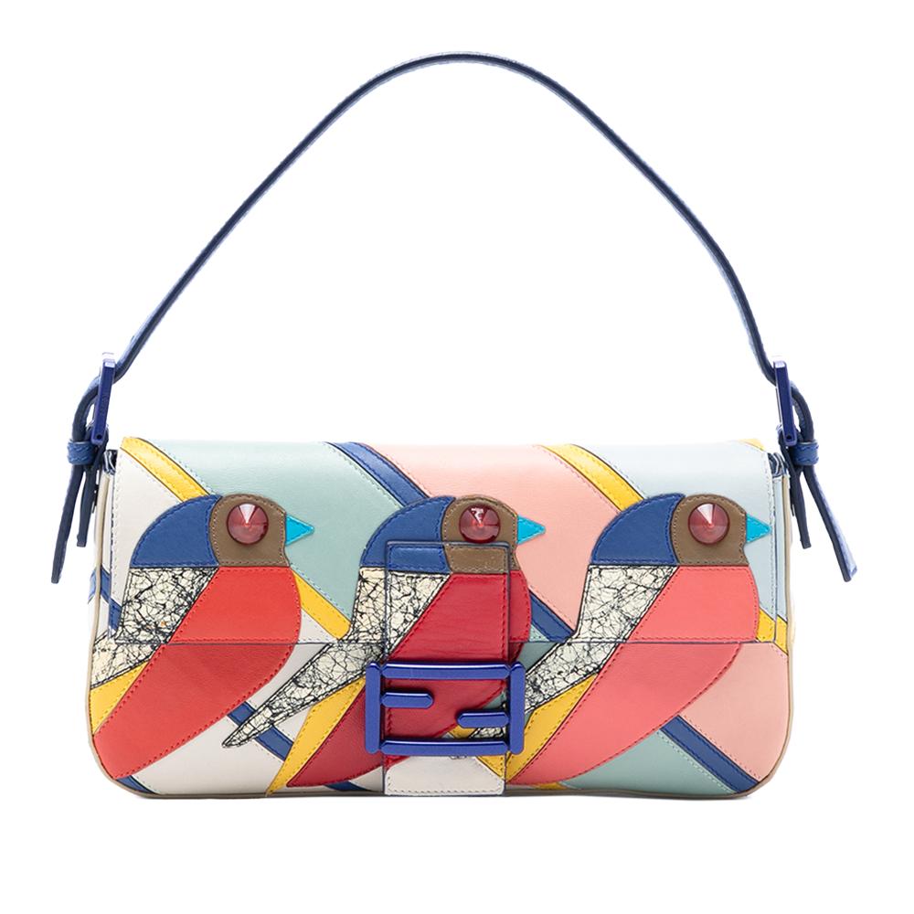 Fendi B Fendi Blue with Multi Calf Leather Patchwork QuTweet Bird Baguette Italy