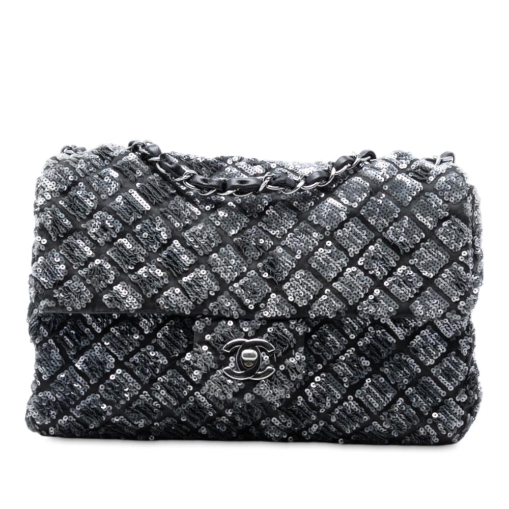 Chanel B Chanel Black Lambskin Leather Leather Medium CC Quilted Lambskin Sequin Single Flap Italy
