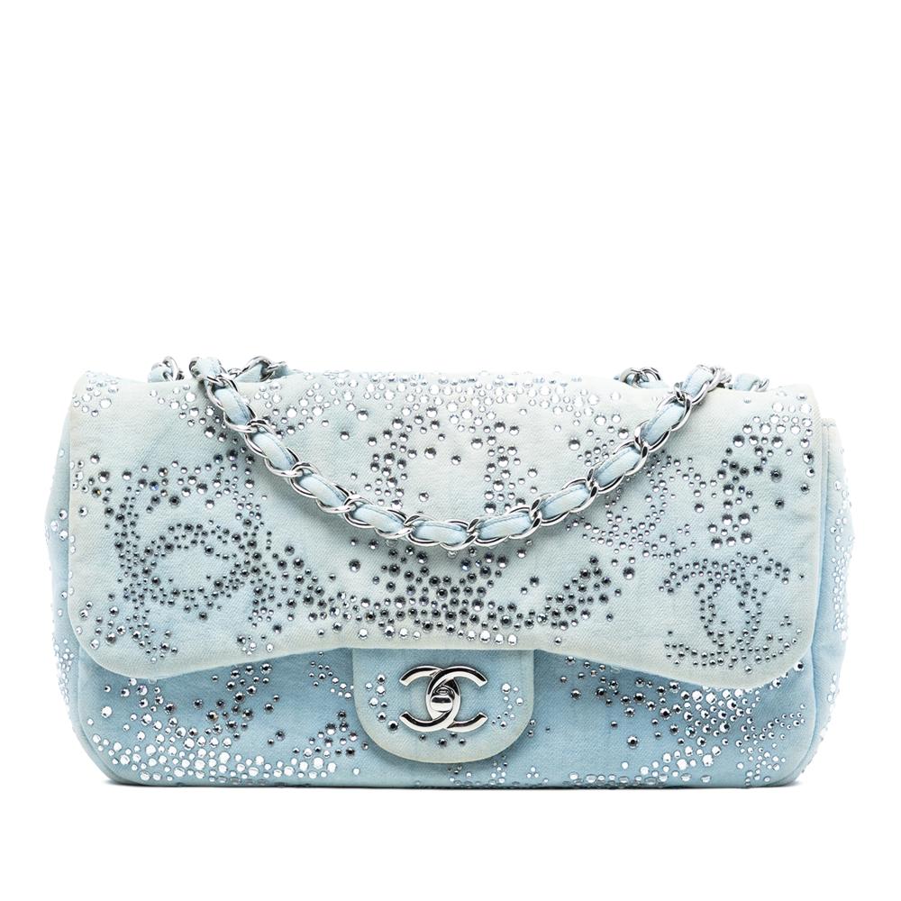 Chanel B Chanel Blue Light Blue Denim Fabric Medium CC Quilted Crystal Embellished Single Flap France