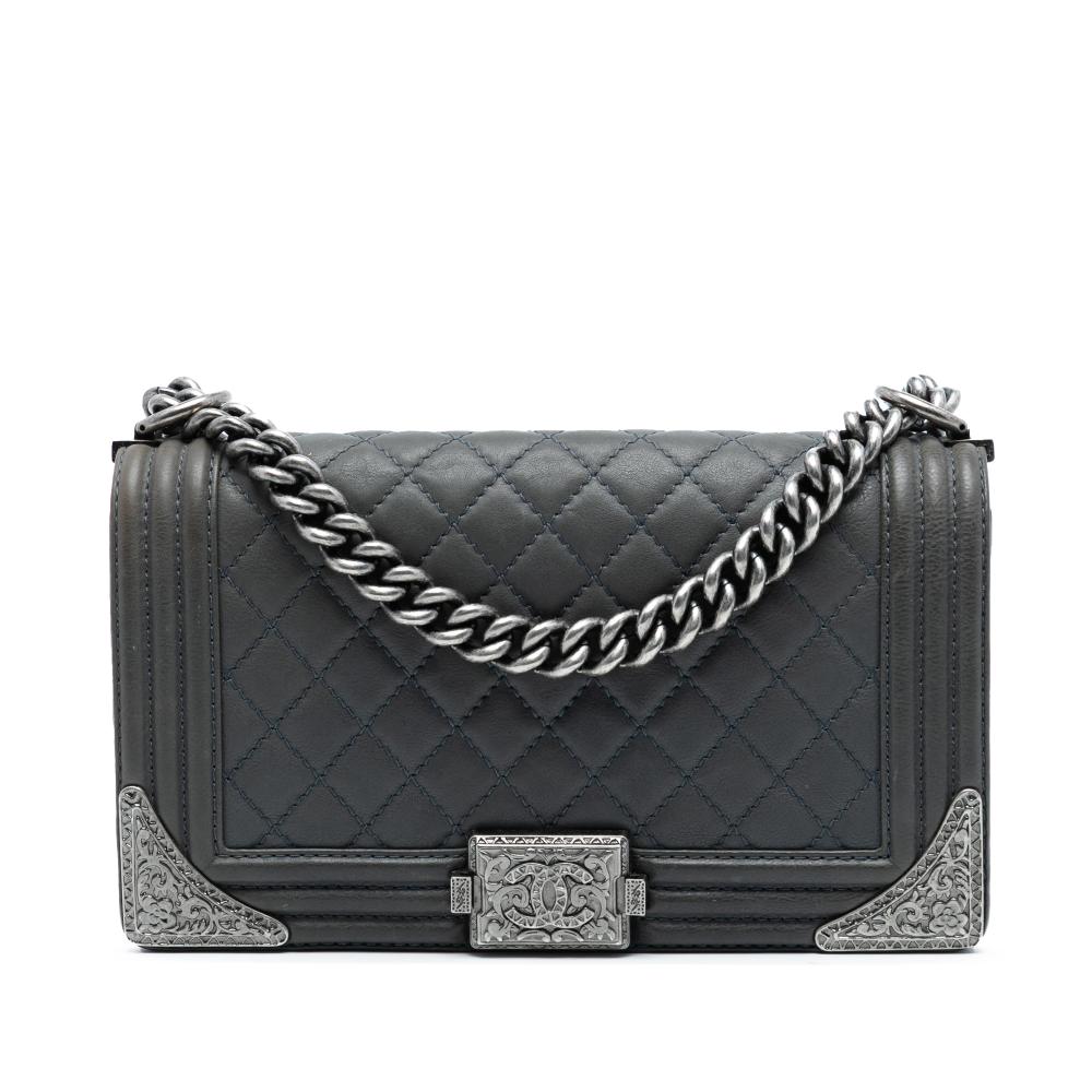 Chanel B Chanel Gray Calf Leather Paris Dallas Old Medium Quilted skin Cowboy Boy Flap France