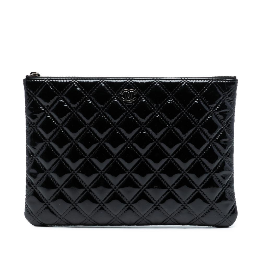 Chanel AB Chanel Black Patent Leather Leather Medium Quilted Patent Double Stitch O Case Clutch Italy