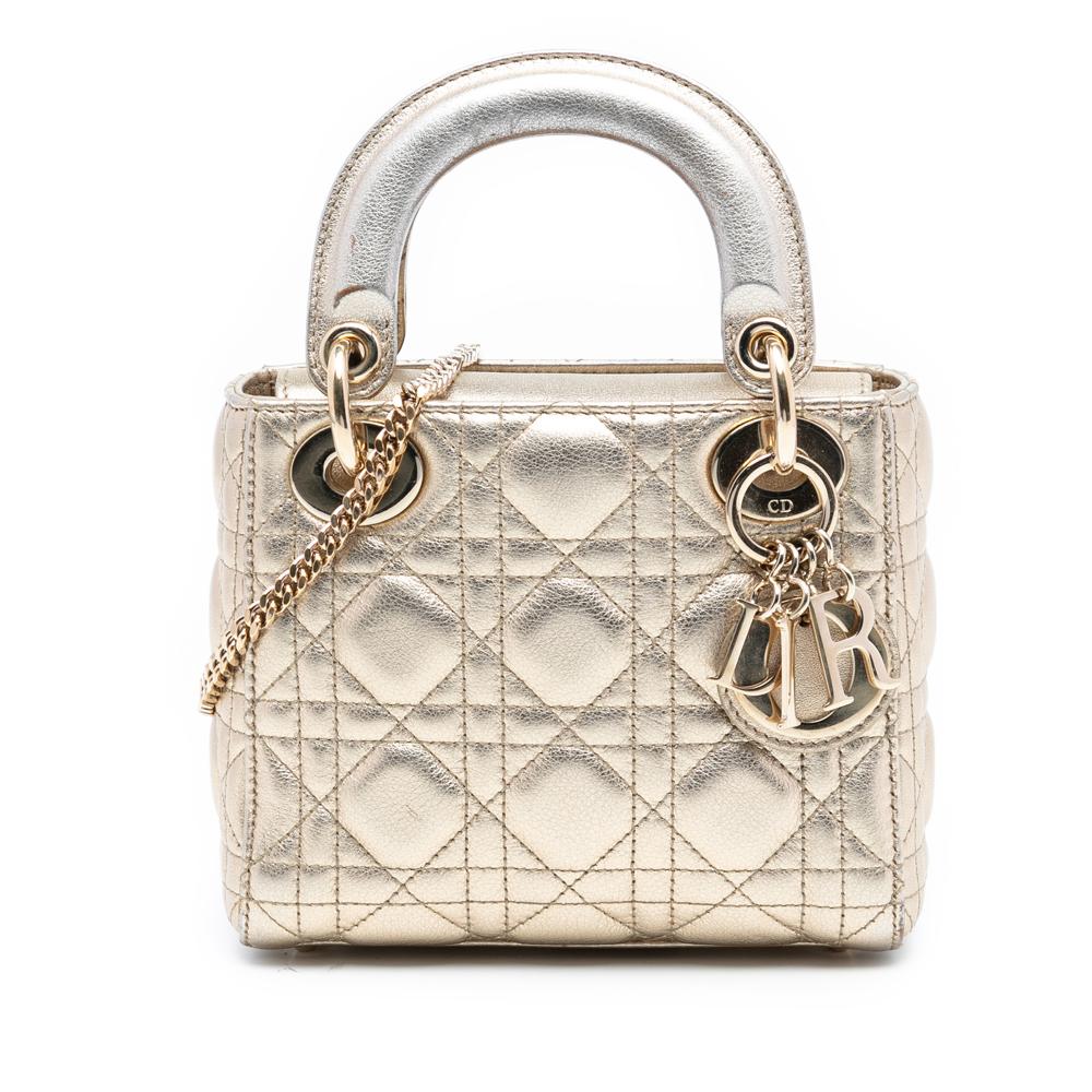 Christian Dior B Dior Gold Light Gold Lambskin Leather Leather Mini Metallic Lambskin Cannage Lady Dior Italy