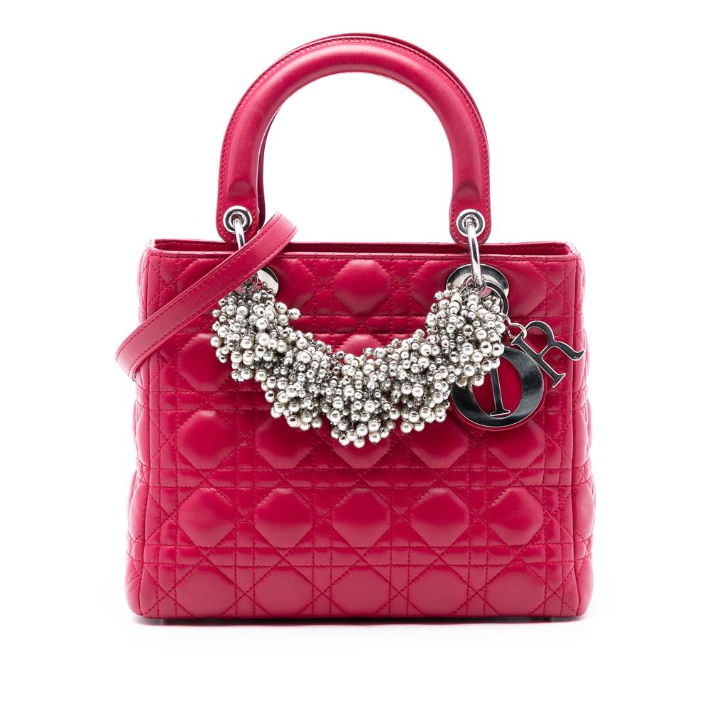 Christian Dior B Dior Red Lambskin Leather Leather Medium Lambskin Cannage Pearl Lady Dior Italy
