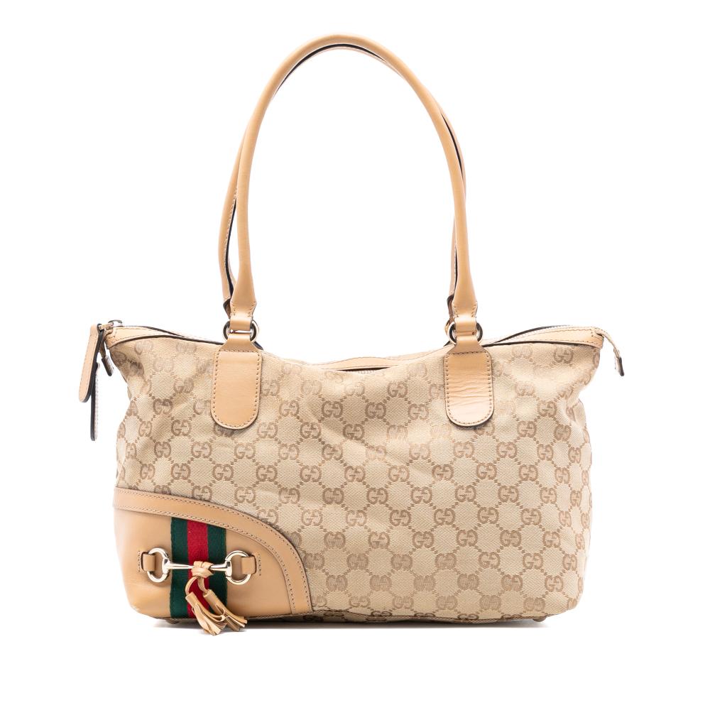 Gucci AB Gucci Brown Beige Canvas Fabric GG Horsebit Web Handbag Italy