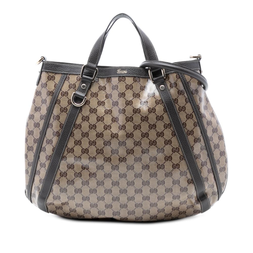Gucci B Gucci Brown Beige Coated Canvas Fabric GG Crystal Abbey D Ring Convertible Tote Italy