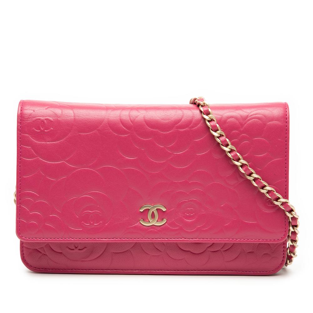 Chanel Pink Dark Pink Lambskin Leather Leather CC Embossed Lambskin Camellia Wallet On Chain France