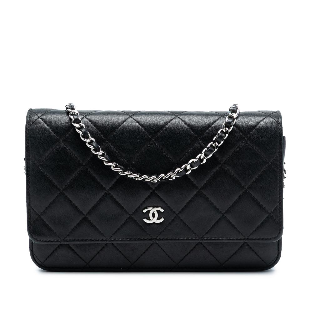 Chanel B Chanel Black Lambskin Leather Leather CC Quilted Lambskin Wallet On Chain Italy