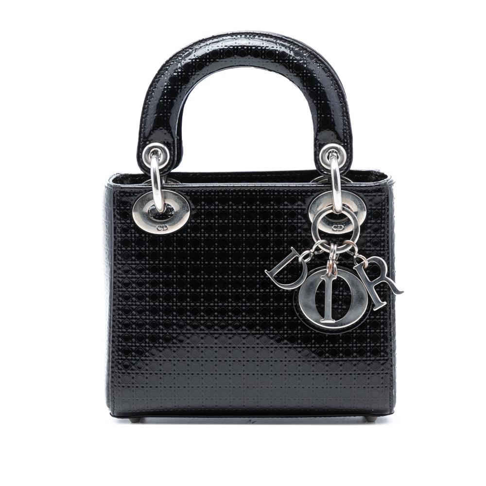 Christian Dior B Dior Black Patent Leather Leather Mini Metallic Patent Microcannage Lady Dior Italy