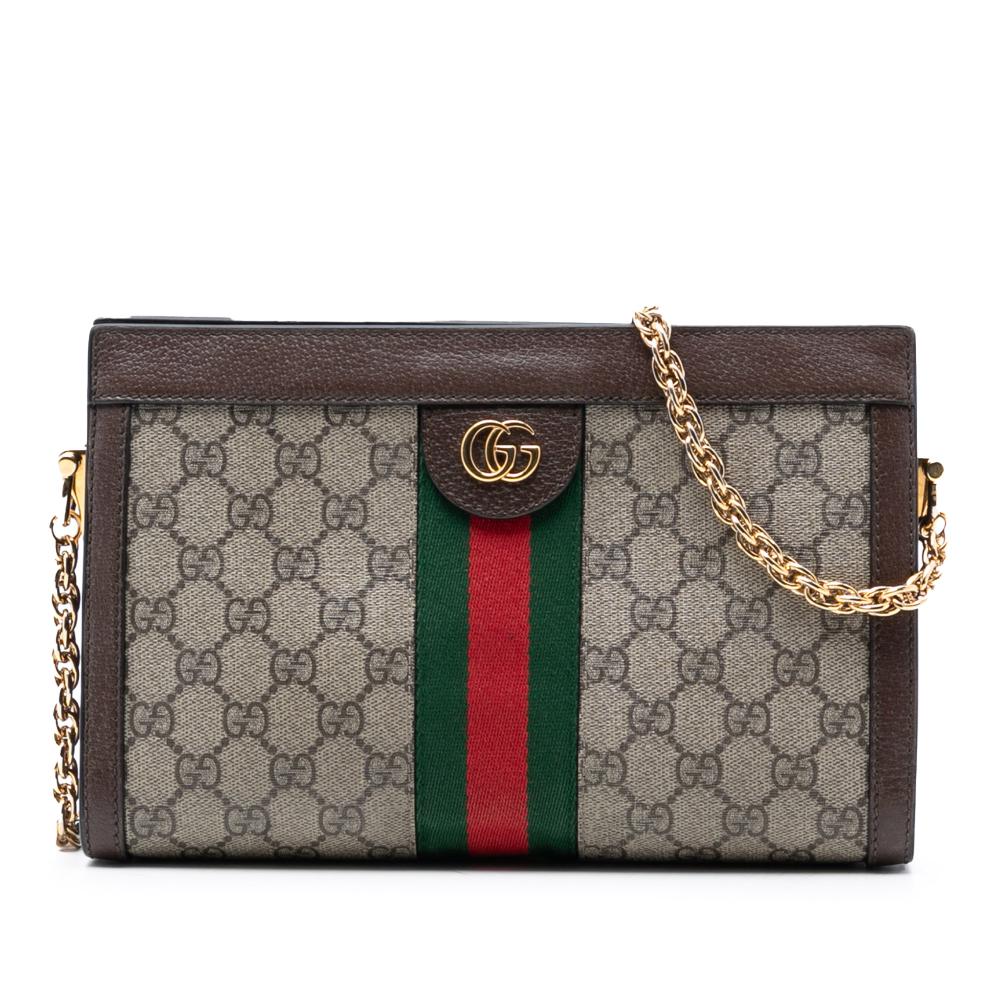 Gucci AB Gucci Brown Beige Coated Canvas Fabric Small GG Supreme Web Ophidia Chain Crossbody Italy