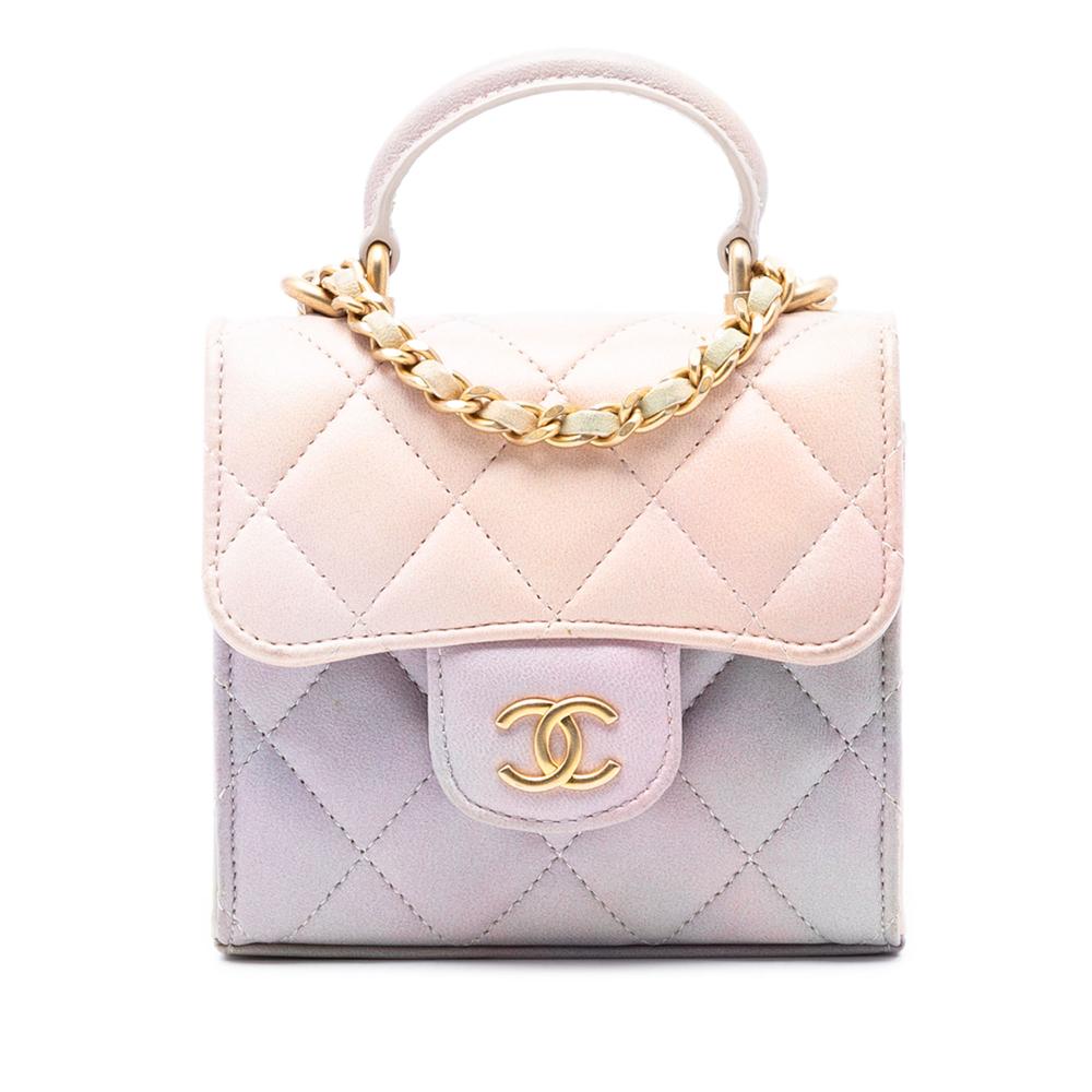 Chanel Pink CC Quilted Lambskin Ombre Top Handle Flap Clutch With Chain France