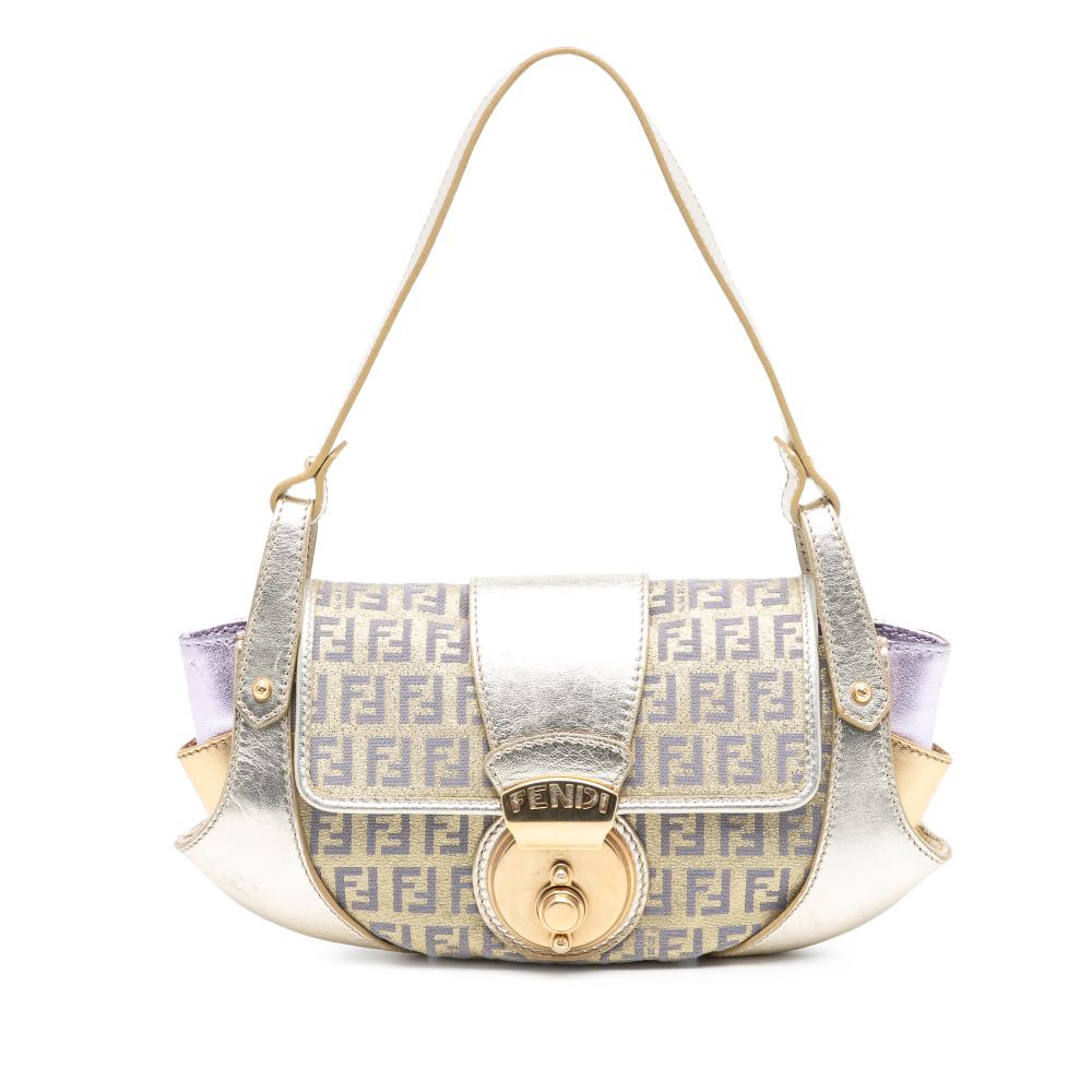 Fendi AB Fendi Gold Coated Canvas Fabric Zucchino and Metallic Leather Compilation Shoulder Bag Italy