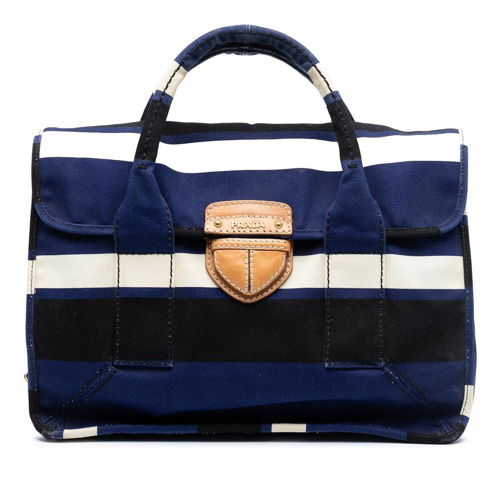 Prada B Prada Blue with Black Canvas Fabric Canapa Pattina Satchel Italy