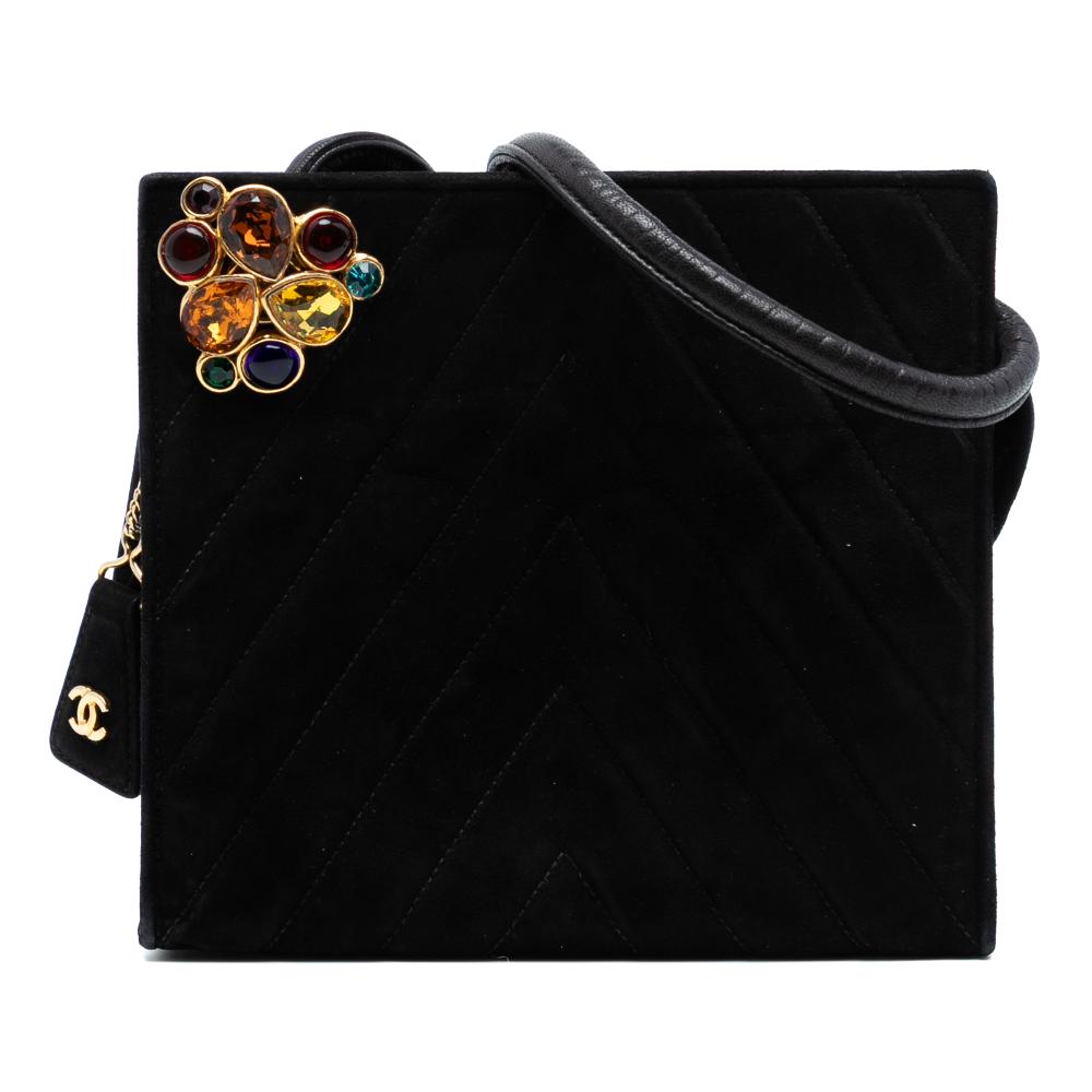 Chanel B Chanel Black Velvet Fabric Chevron CC Stones Crossbody Italy