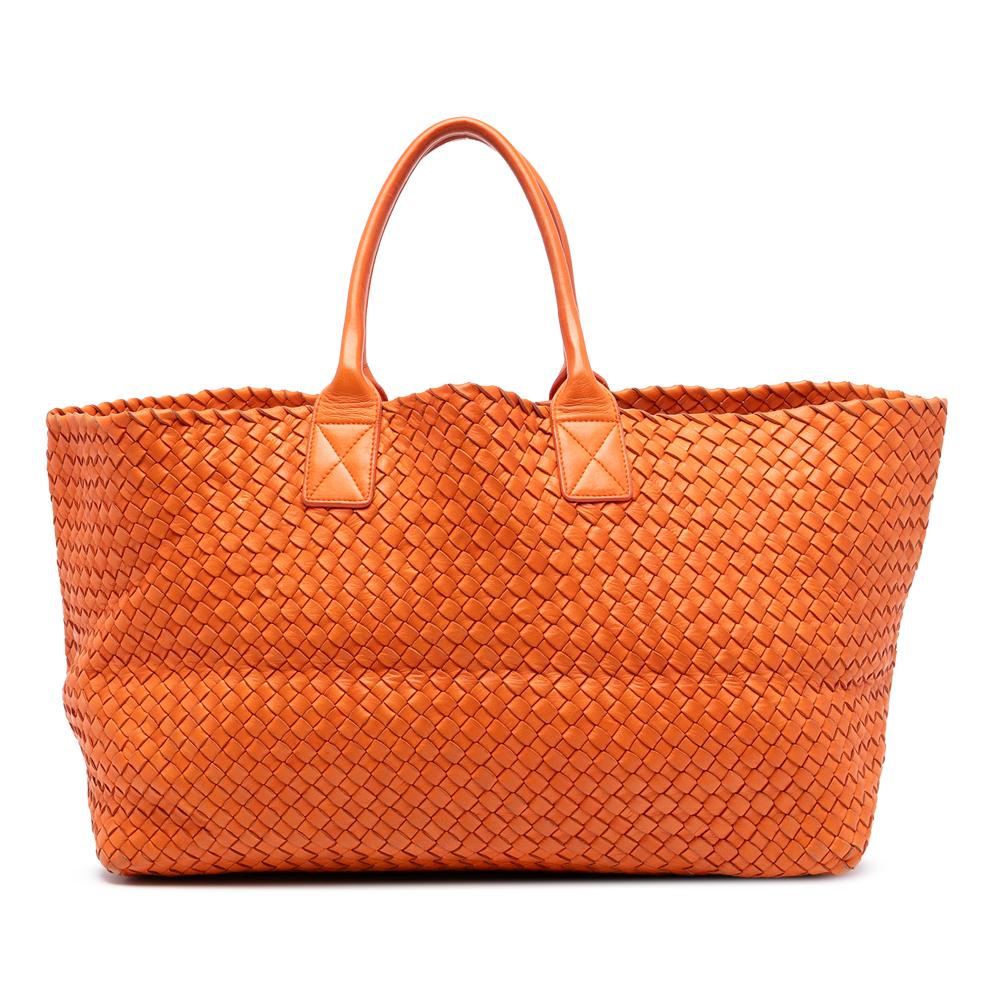 Bottega Veneta B Bottega Veneta Orange Lambskin Leather Leather Large Lambskin Intreccio Cabat Tote Italy