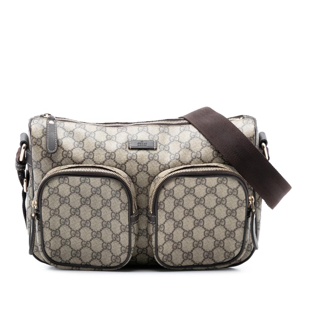 Gucci AB Gucci Brown Beige Coated Canvas Fabric GG Supreme Double Pocket Crossbody Italy