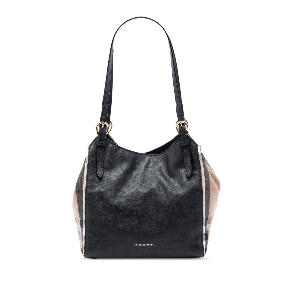 Burberry B Burberry Black with Brown Beige Calf Leather Small and House Check Canvas Canterbury Tote Italy