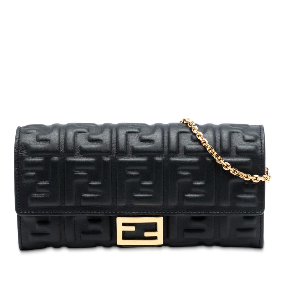 Fendi Black Nappa Leather Leather Zucca Embossed Nappa Baguette Continental Wallet With Chain Italy