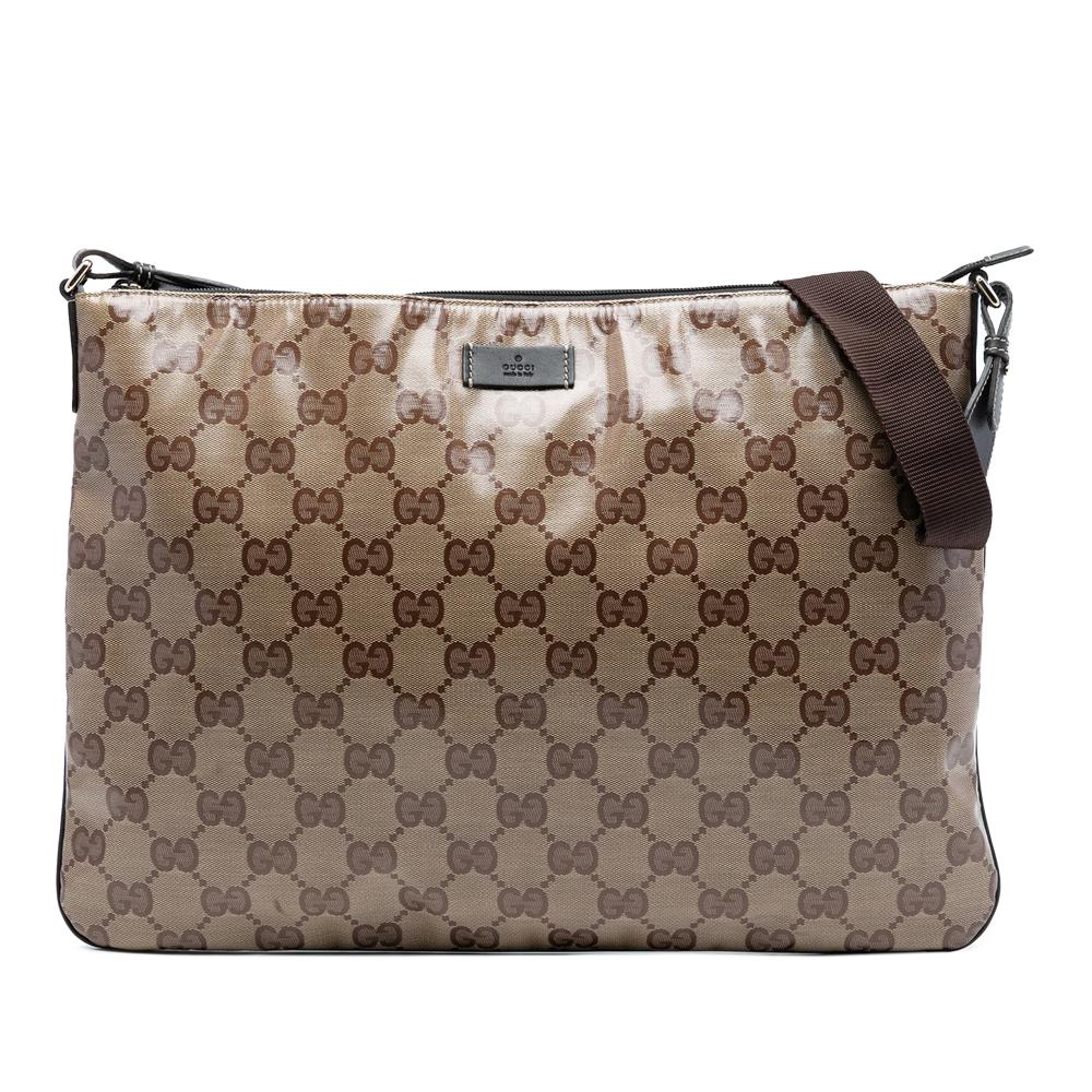 Gucci B Gucci Brown Beige Coated Canvas Fabric GG Crystal Crossbody Italy