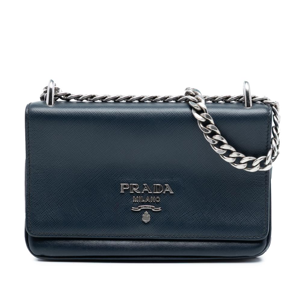 Prada B Prada Blue Navy Saffiano Leather and City Calf Chain Crossbody Italy