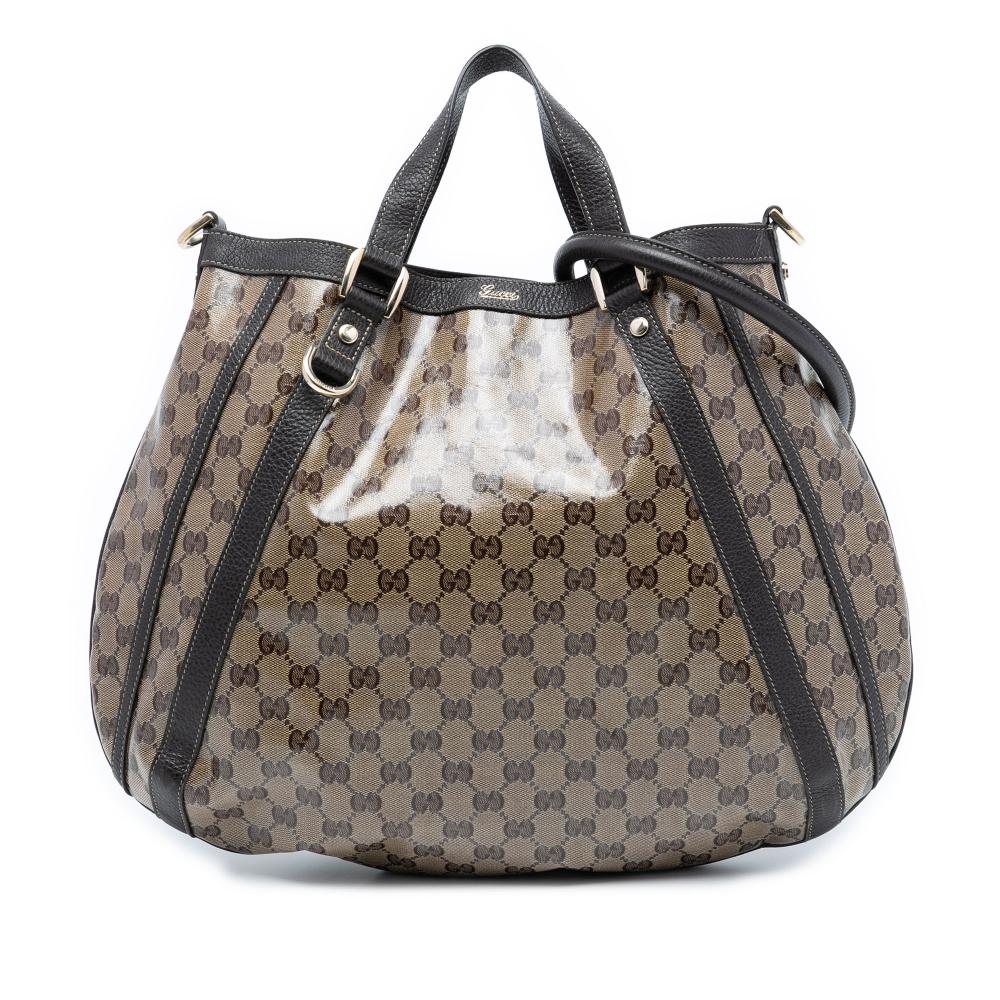 Gucci B Gucci Brown Beige Coated Canvas Fabric GG Crystal Abbey D Ring Convertible Tote Italy