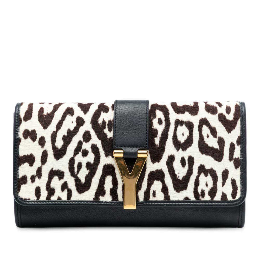 Saint Laurent AB Saint Laurent White with Black Pony Hair Natural Material Leopard Print Chyc Ligne Clutch Italy