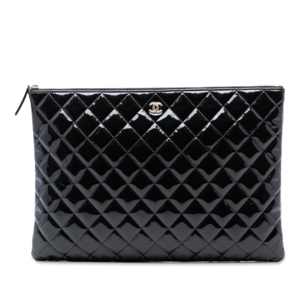 Chanel AB Chanel Black Patent Leather Leather Large Quilted Patent O Case Clutch Italy