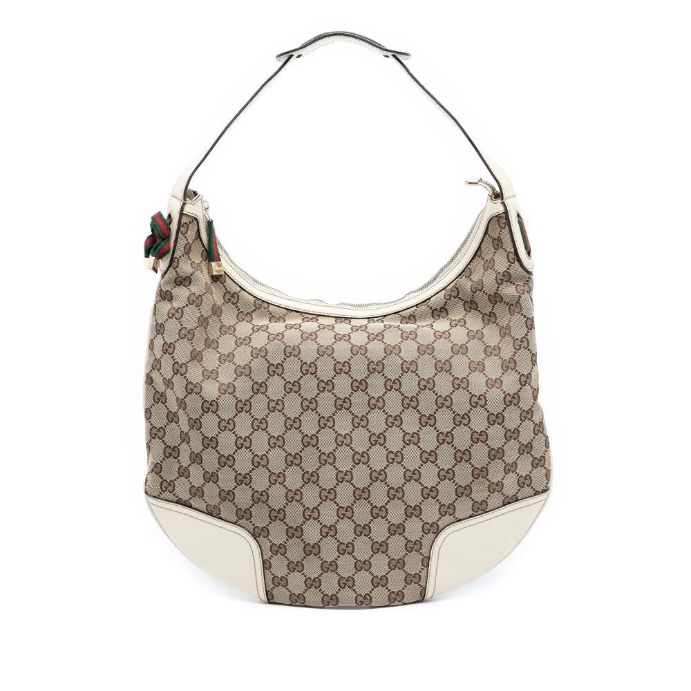 Gucci B Gucci Brown Beige with White Canvas Fabric Large GG Princy Hobo Italy