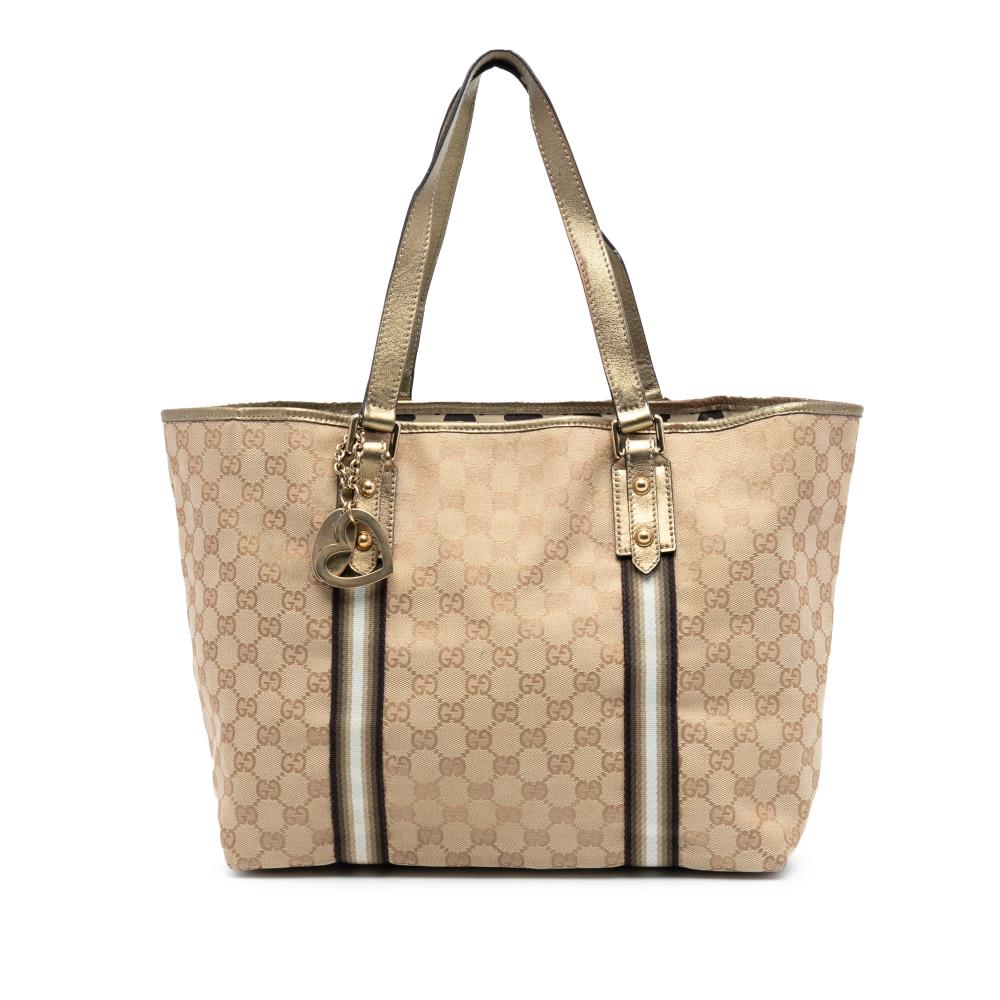 Gucci B Gucci Brown Beige Canvas Fabric Large GG Jolicoeur Tote Italy